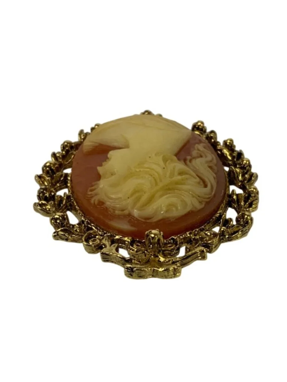 Vintage Victorian Revival Cameo Brooch Coral Cream Resin Gold Tone Floral Frame